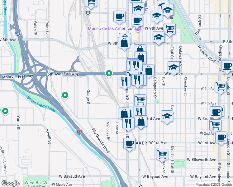 map of restaurants, bars, coffee shops, grocery stores, and more near 424 Lipan Street in Denver