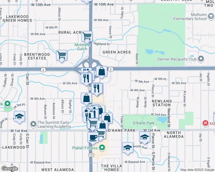 map of restaurants, bars, coffee shops, grocery stores, and more near 404 Vance Street in Lakewood