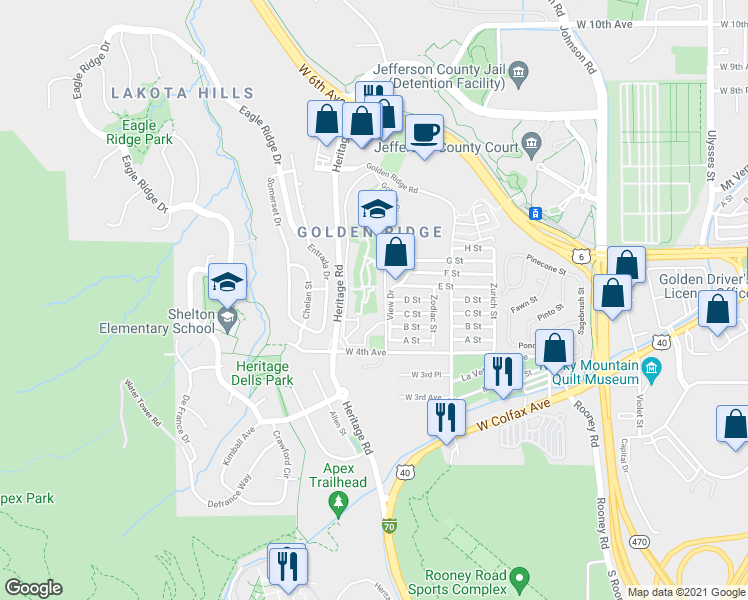 map of restaurants, bars, coffee shops, grocery stores, and more near 449 Antero Street in Golden