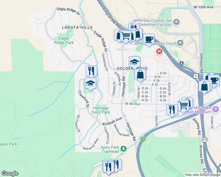 map of restaurants, bars, coffee shops, grocery stores, and more near 457 Chelan Street in Golden