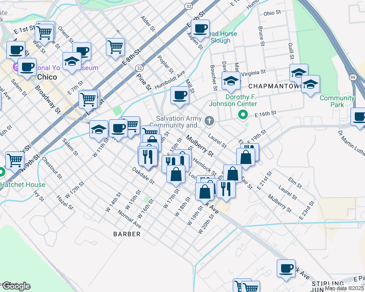 map of restaurants, bars, coffee shops, grocery stores, and more near 1601 Hemlock Street in Chico