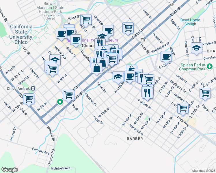 map of restaurants, bars, coffee shops, grocery stores, and more near 1054 Broadway Street in Chico
