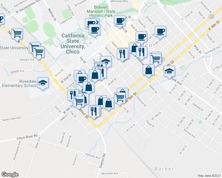map of restaurants, bars, coffee shops, grocery stores, and more near 718 Ivy Street in Chico