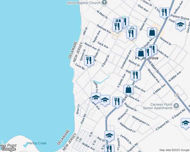 map of restaurants, bars, coffee shops, grocery stores, and more near 37 Summerill Avenue in Penns Grove