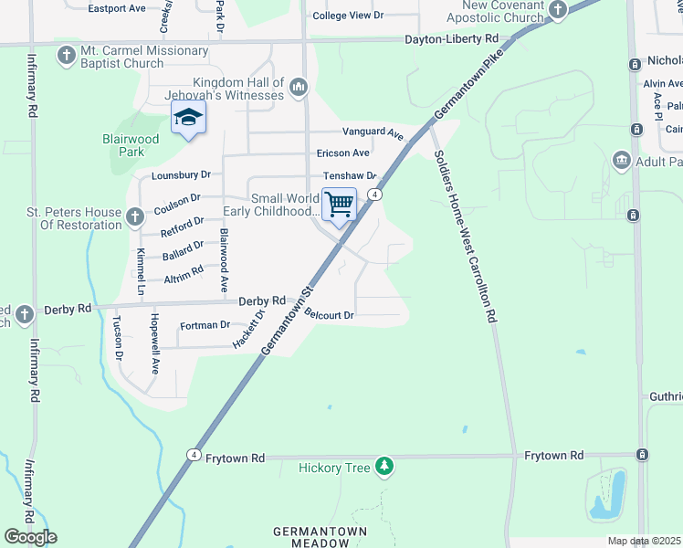 map of restaurants, bars, coffee shops, grocery stores, and more near 4724 Germantown Pike in Dayton