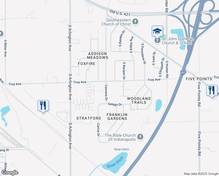 map of restaurants, bars, coffee shops, grocery stores, and more near 3055 Cassara Drive in Indianapolis