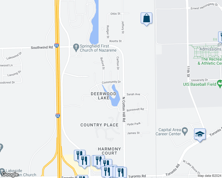 map of restaurants, bars, coffee shops, grocery stores, and more near 5321 Whitetail Drive in Springfield