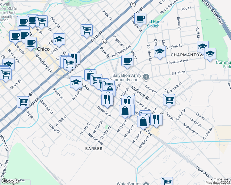 map of restaurants, bars, coffee shops, grocery stores, and more near 265 East 14th Street in Chico