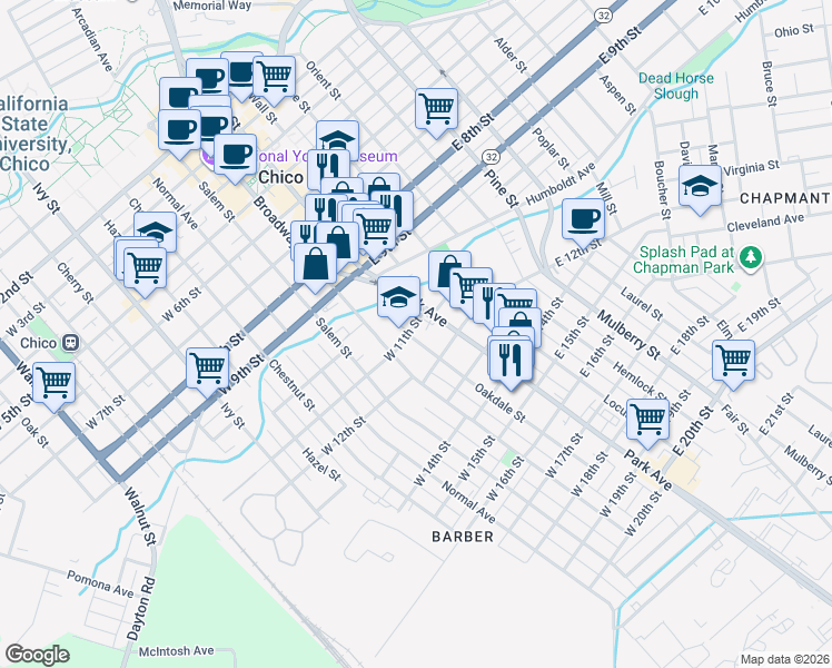 map of restaurants, bars, coffee shops, grocery stores, and more near 125 West 11th Street in Chico