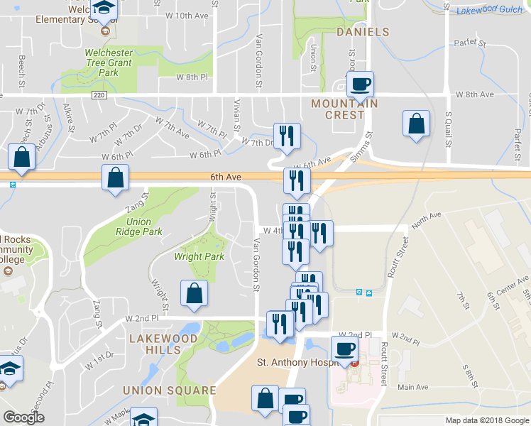 map of restaurants, bars, coffee shops, grocery stores, and more near 405 Urban Street in Lakewood