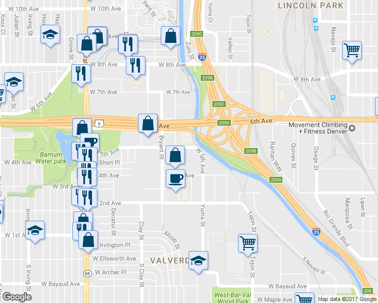 map of restaurants, bars, coffee shops, grocery stores, and more near 2500 West 5th Avenue in Denver