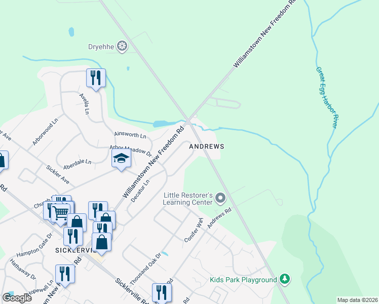 map of restaurants, bars, coffee shops, grocery stores, and more near 11 Dover Lane in Sicklerville