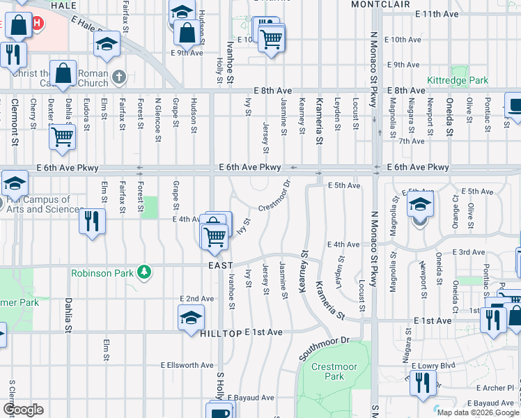 map of restaurants, bars, coffee shops, grocery stores, and more near Crestmoor Drive in Denver