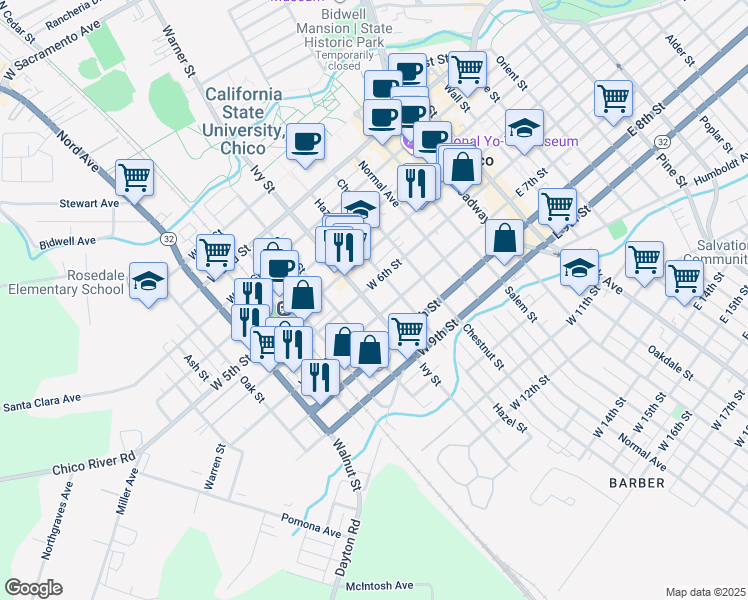 map of restaurants, bars, coffee shops, grocery stores, and more near 623 Ivy Street in Chico