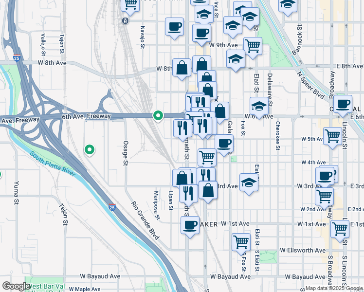 map of restaurants, bars, coffee shops, grocery stores, and more near 123 Kalamath Street in Denver