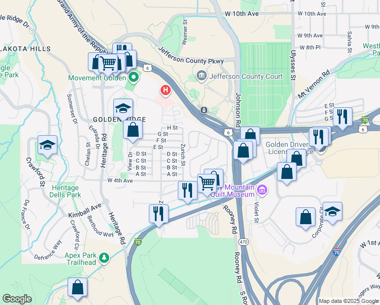 map of restaurants, bars, coffee shops, grocery stores, and more near 241 Fawn Street in Golden
