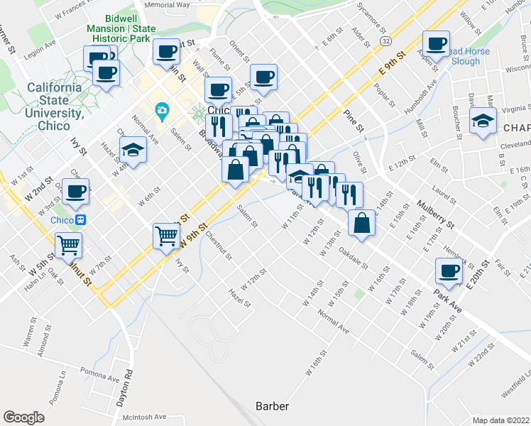 map of restaurants, bars, coffee shops, grocery stores, and more near 1012 Broadway Street in Chico