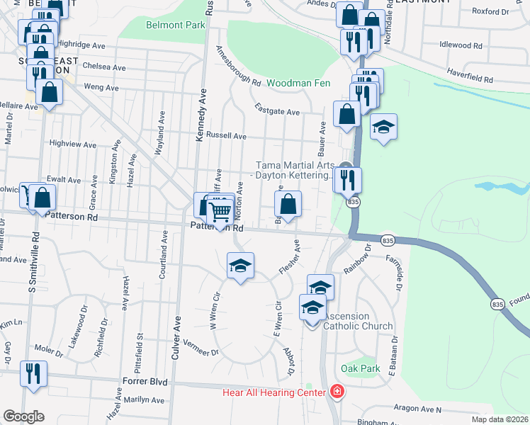 map of restaurants, bars, coffee shops, grocery stores, and more near 2467 Patterson Road in Kettering