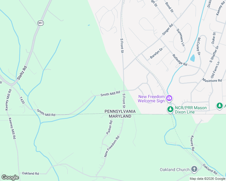 map of restaurants, bars, coffee shops, grocery stores, and more near 2400 Smith Mill Road in New Freedom