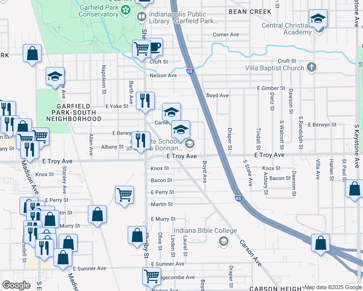 map of restaurants, bars, coffee shops, grocery stores, and more near 1202 East Troy Avenue in Indianapolis