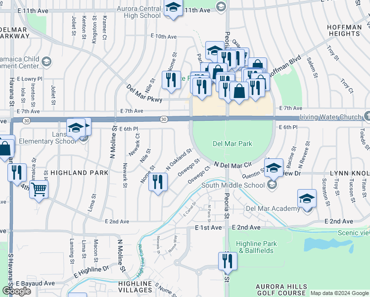 map of restaurants, bars, coffee shops, grocery stores, and more near 464 Oakland Street in Aurora