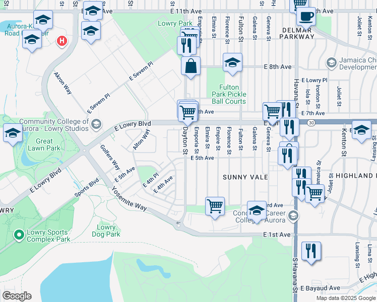 map of restaurants, bars, coffee shops, grocery stores, and more near 9690 East 5th Avenue in Denver