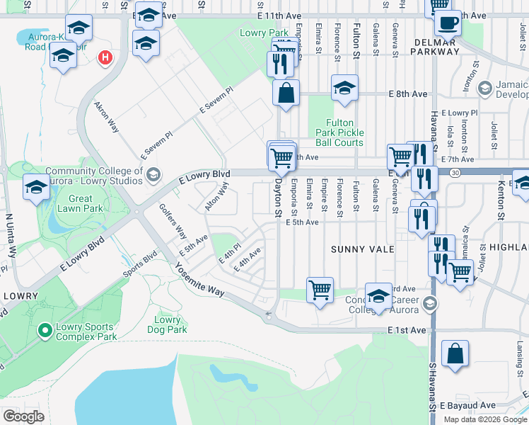 map of restaurants, bars, coffee shops, grocery stores, and more near 9690 East 5th Avenue in Denver