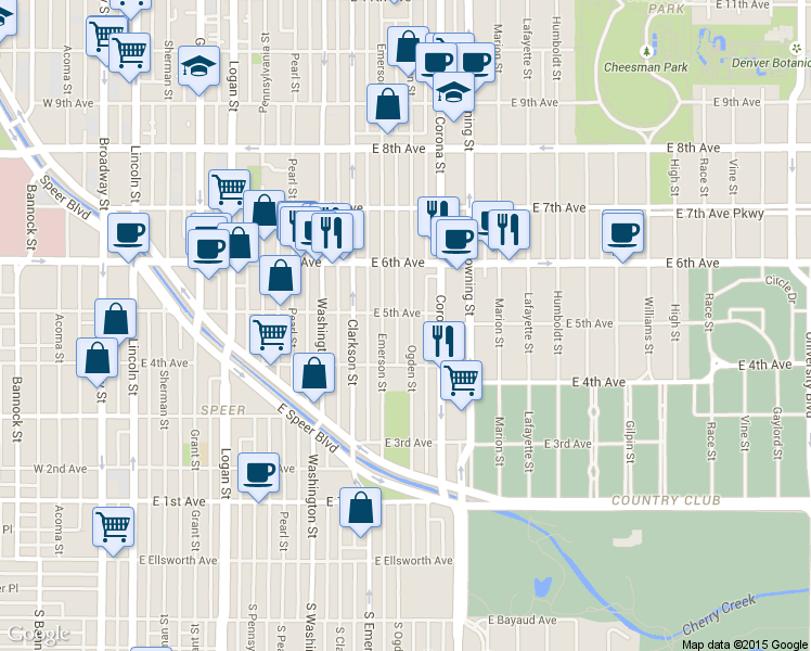 map of restaurants, bars, coffee shops, grocery stores, and more near in Denver
