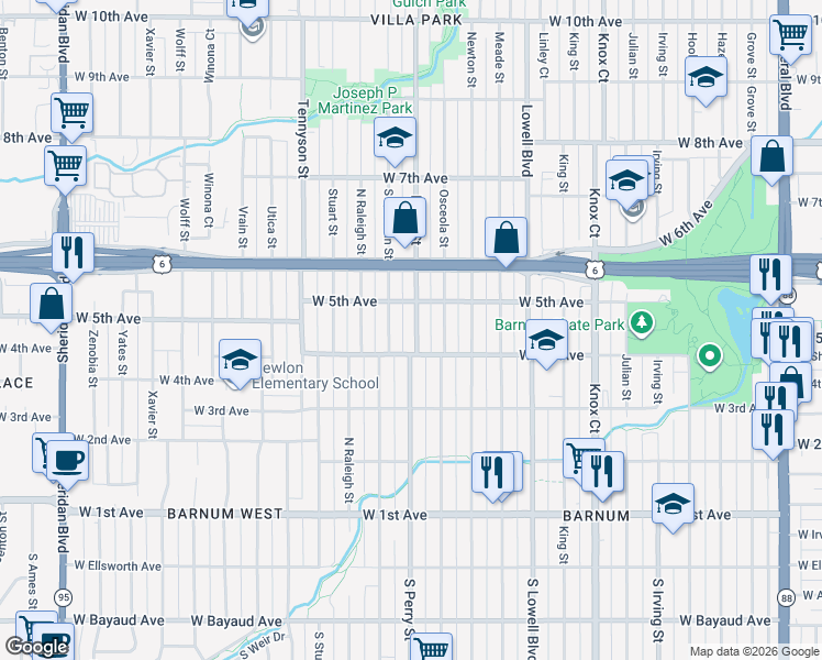 map of restaurants, bars, coffee shops, grocery stores, and more near 406 Perry Street in Denver