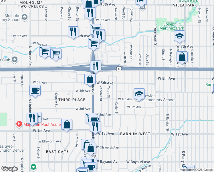 map of restaurants, bars, coffee shops, grocery stores, and more near 451 Yates Street in Denver