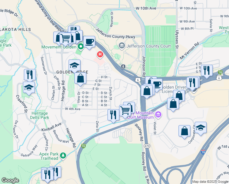 map of restaurants, bars, coffee shops, grocery stores, and more near 241 Fawn Street in Golden