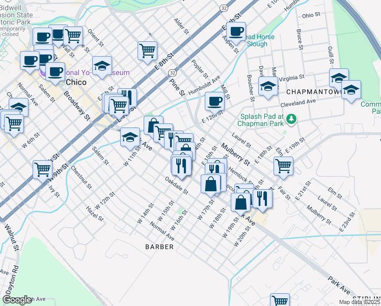map of restaurants, bars, coffee shops, grocery stores, and more near 1406 Locust Street in Chico