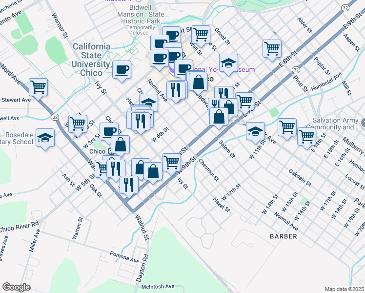 map of restaurants, bars, coffee shops, grocery stores, and more near 724 Hazel Street in Chico