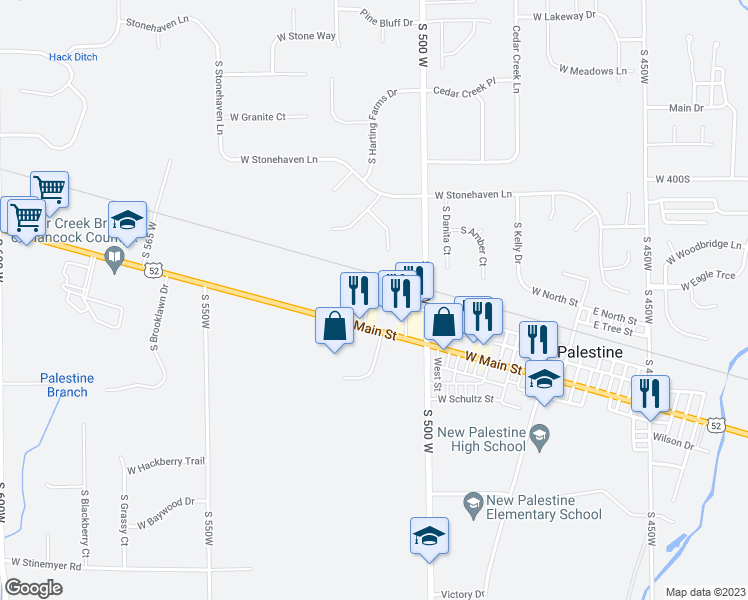 map of restaurants, bars, coffee shops, grocery stores, and more near 35 Coventry Court in New Palestine