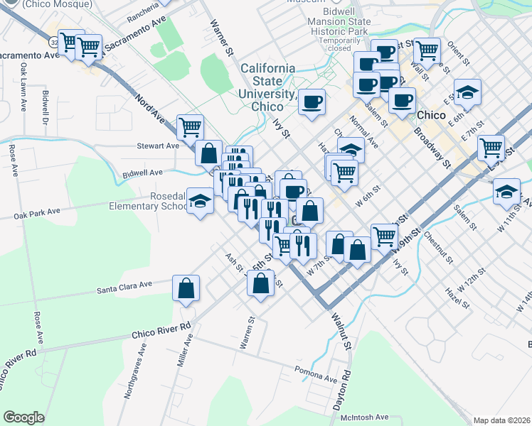 map of restaurants, bars, coffee shops, grocery stores, and more near 1005 West 3rd Street in Chico