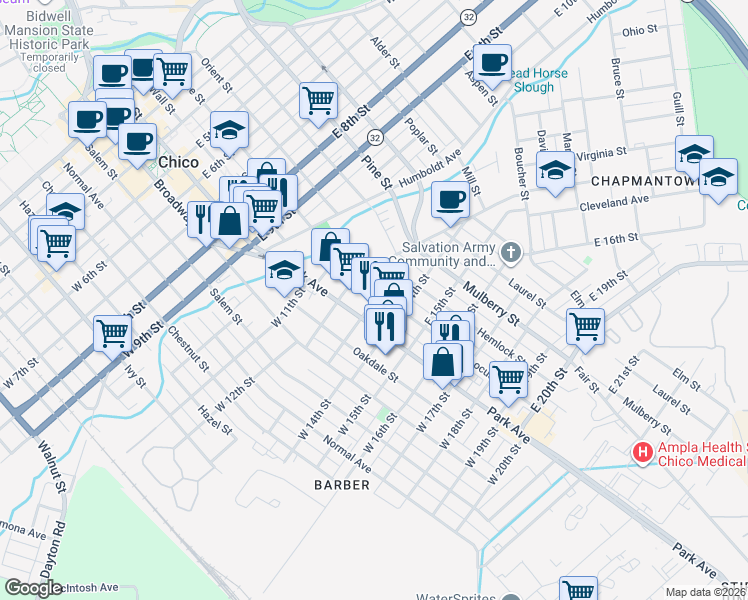 map of restaurants, bars, coffee shops, grocery stores, and more near 104 East 13th Street in Chico