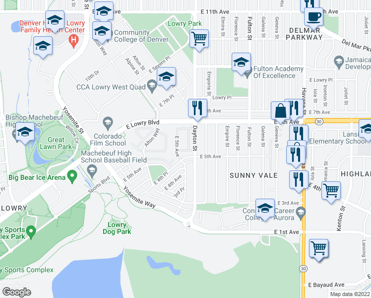 map of restaurants, bars, coffee shops, grocery stores, and more near 9690 East 5th Avenue in Denver