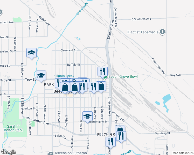 map of restaurants, bars, coffee shops, grocery stores, and more near 75 South 3rd Avenue in Beech Grove