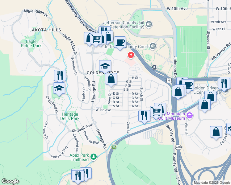 map of restaurants, bars, coffee shops, grocery stores, and more near 1370 C Street in Golden
