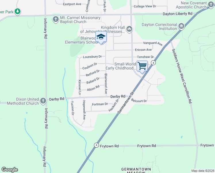 map of restaurants, bars, coffee shops, grocery stores, and more near 1552 Blairwood Avenue in Dayton