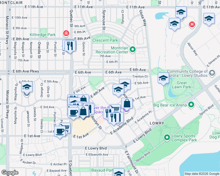 map of restaurants, bars, coffee shops, grocery stores, and more near 7749 East 4th Avenue in Denver