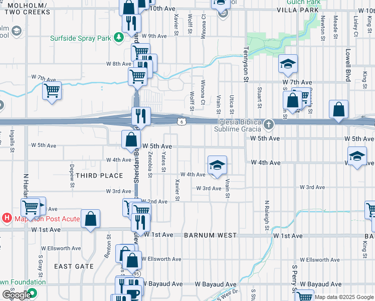 map of restaurants, bars, coffee shops, grocery stores, and more near 4800 West 5th Avenue in Denver