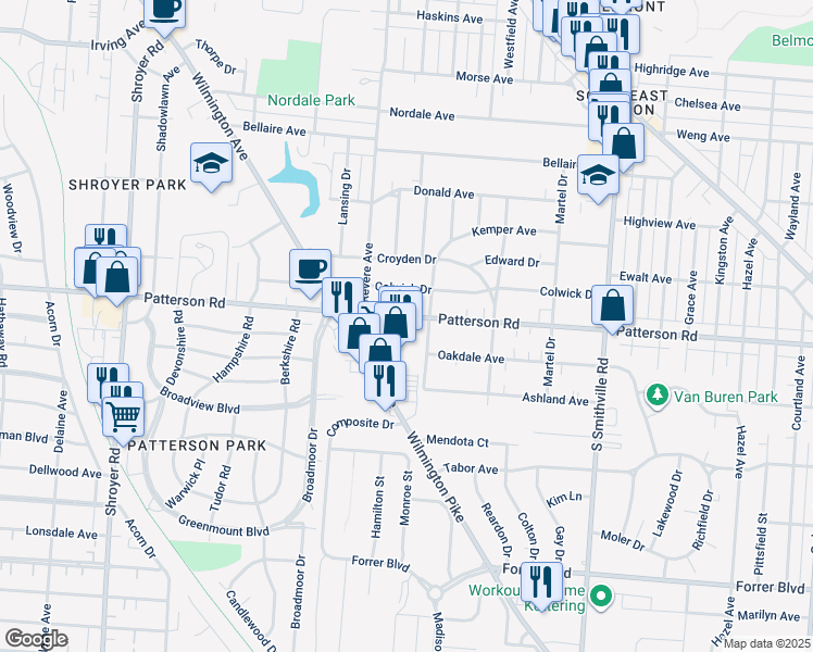 map of restaurants, bars, coffee shops, grocery stores, and more near 1032 Colwick Drive in Dayton