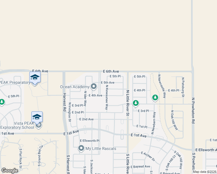 map of restaurants, bars, coffee shops, grocery stores, and more near 25445 East 4th Place in Aurora
