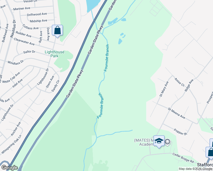 map of restaurants, bars, coffee shops, grocery stores, and more near Garden State Parkway in Stafford Township