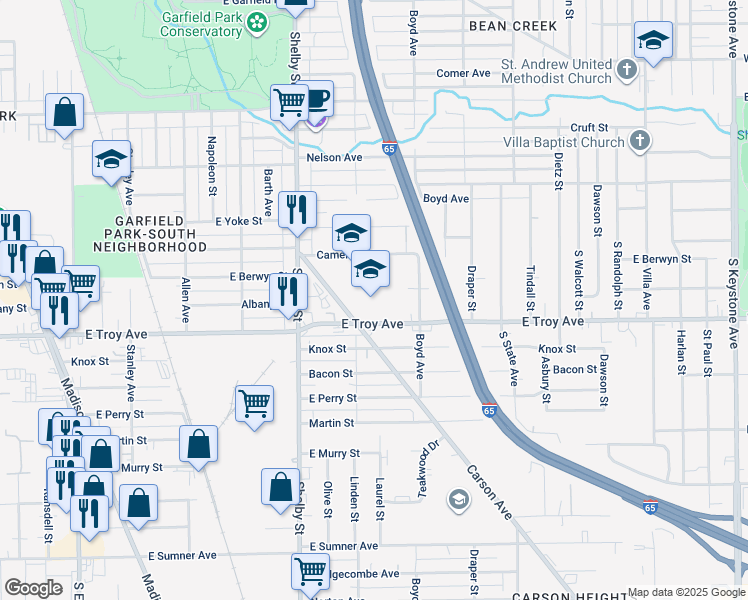 map of restaurants, bars, coffee shops, grocery stores, and more near 1202 East Troy Avenue in Indianapolis