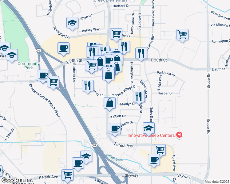 map of restaurants, bars, coffee shops, grocery stores, and more near 2050 Parkway Village Drive in Chico