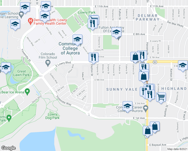 map of restaurants, bars, coffee shops, grocery stores, and more near 550 Dayton Street in Aurora