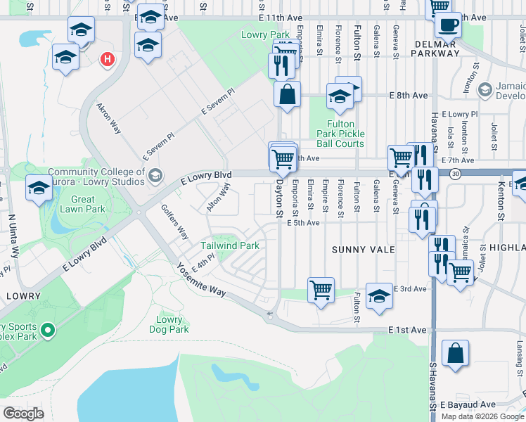 map of restaurants, bars, coffee shops, grocery stores, and more near 9657 East 5th Avenue in Denver