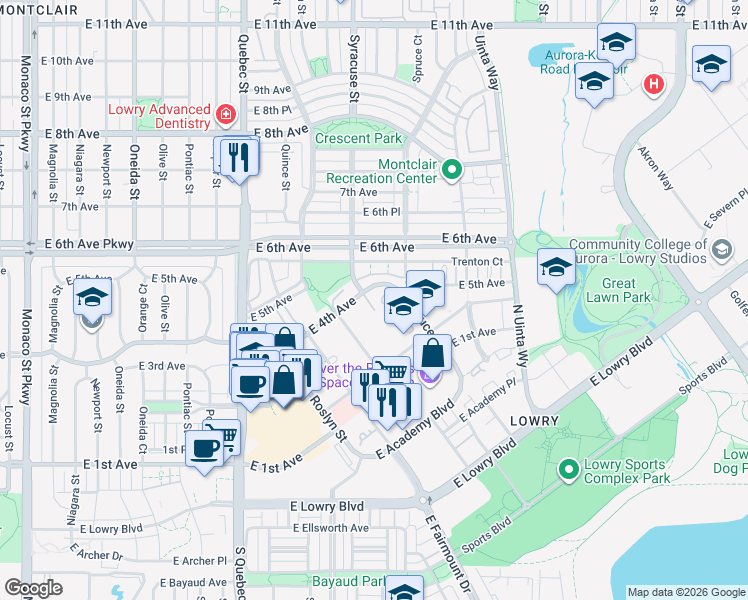 map of restaurants, bars, coffee shops, grocery stores, and more near 7749 East 4th Avenue in Denver